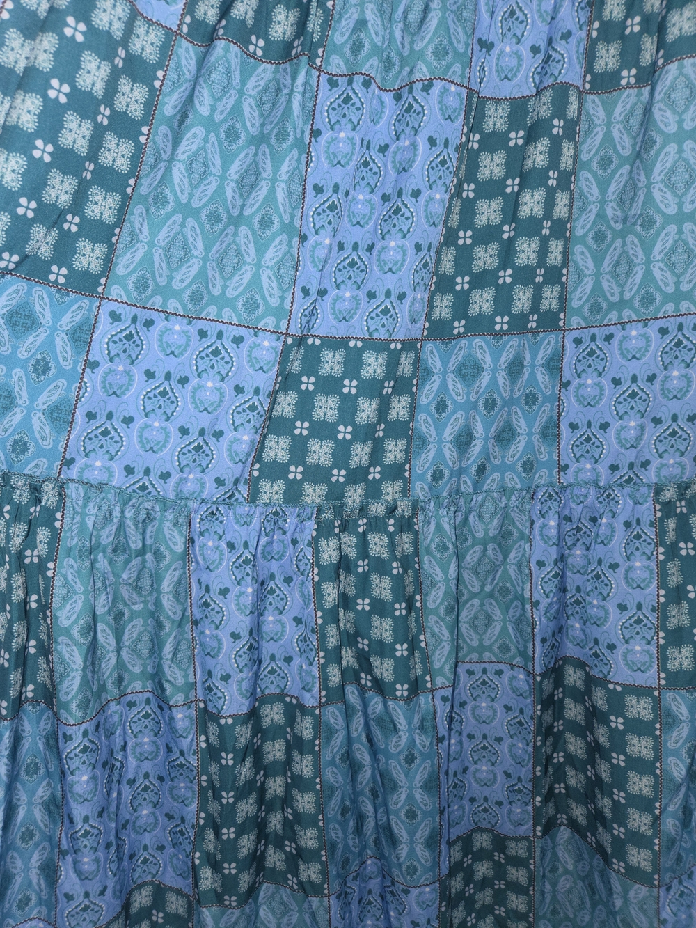 Boho Blue/Green Patchwork Tiered Maxi Skirt XL Fits Like L - Picture 8 of 10